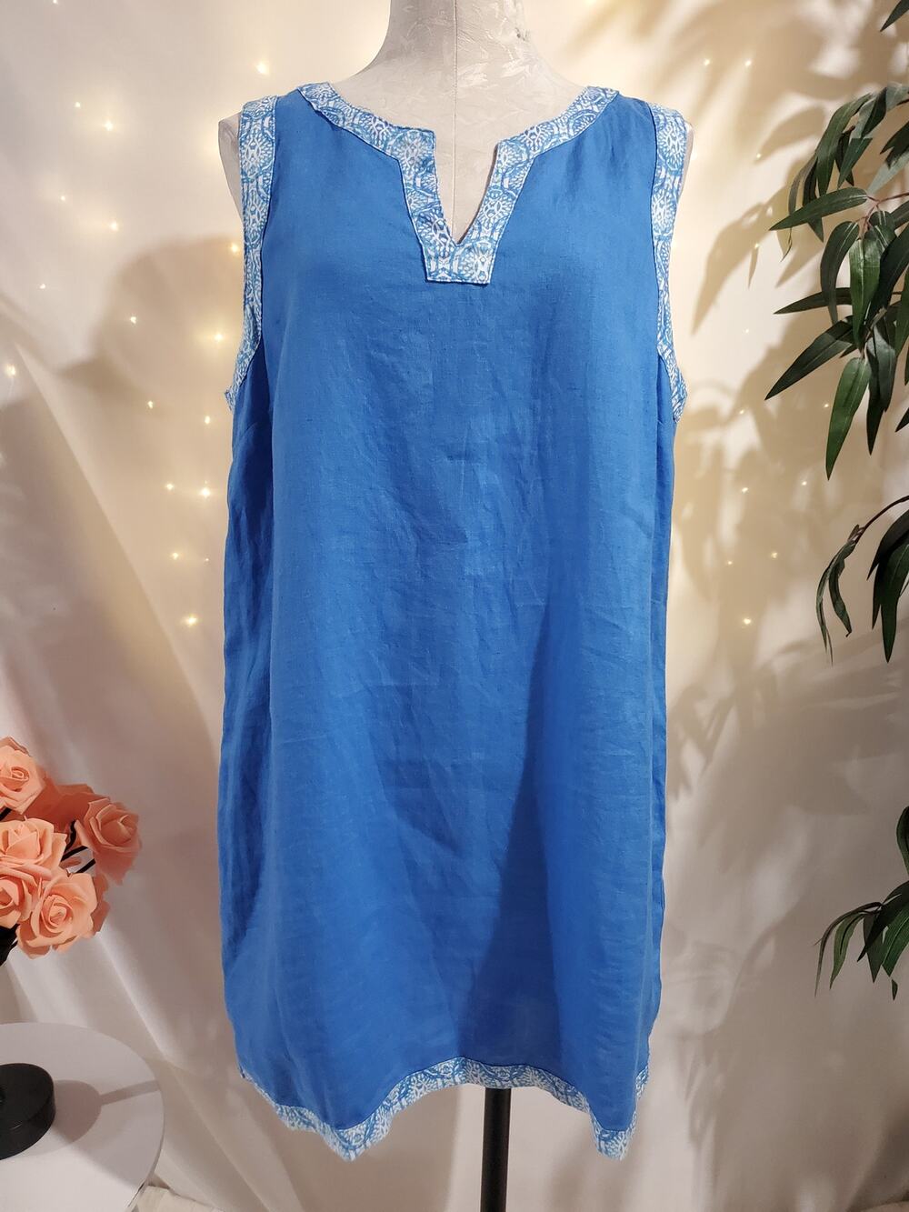 Sigrid Olsen 100% Linen Blue Sleeveless Tunic Top Mini Shift Dress Womens Size L